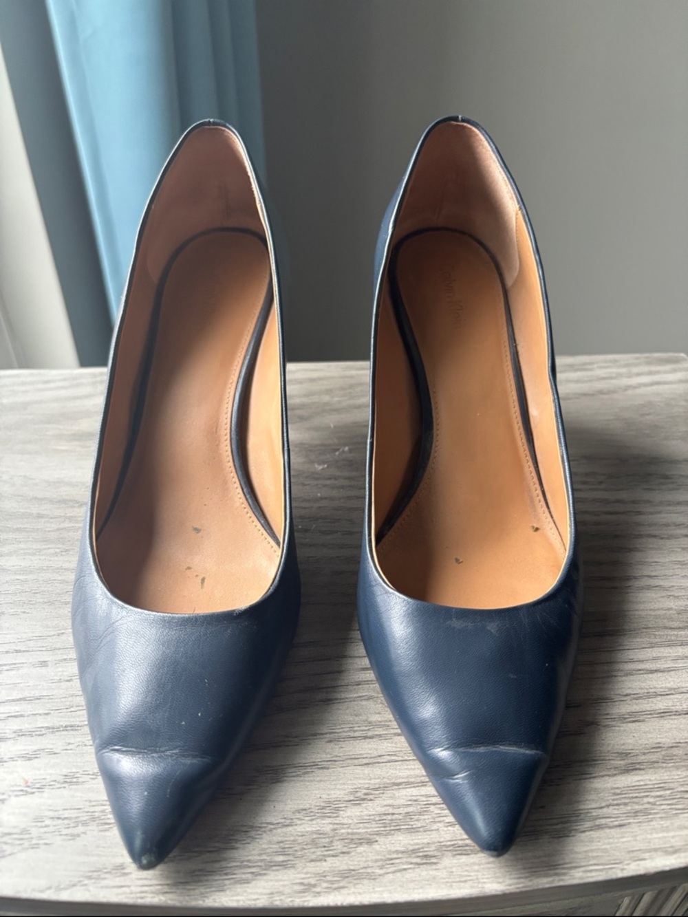 Calvin Klein Navy Pointed-Toe Leather Pumps